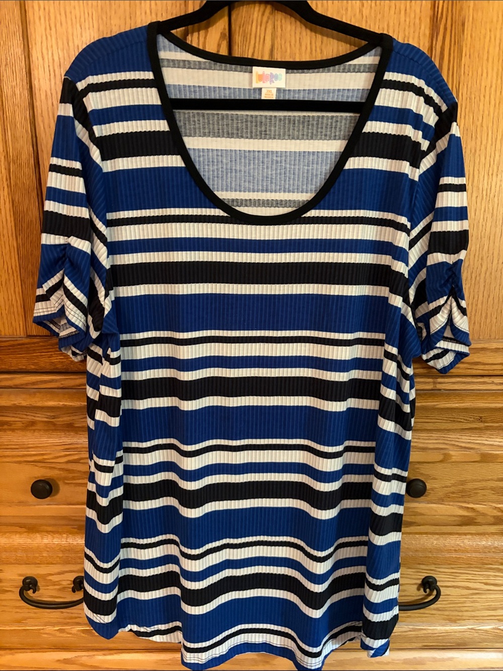 LuLaRoe Blue, Black & White Striped Scoop Neck Ribbed Top